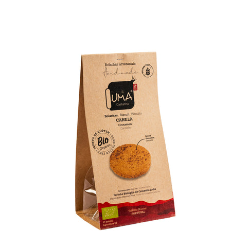 biscuits cannelle et farine de châtaigne biologique dans un sachet en carton vue frontale