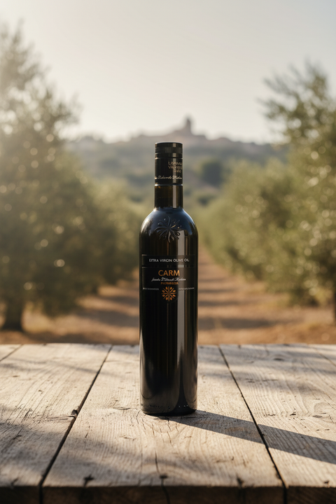 Huile d'olive dans une bouteille en verre noire sur une table en bois avec oliveraie en arrière-plan