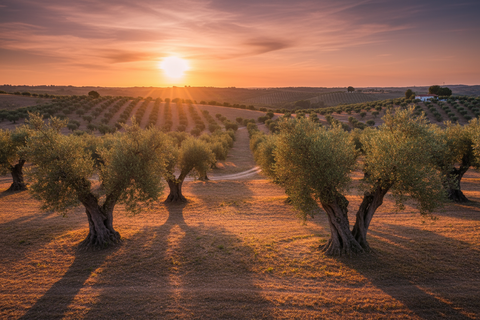 une oliveraie au Portugal au coucher du soleil 