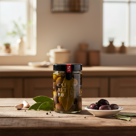 olives denoyautées dans un bocal de verre sur une table en bois entouré de feuilles de laurier, ail, petit plat blanc avec olives et cuisine en arrière-plan