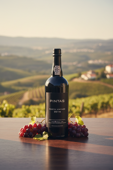 bouteille de vin de Porto Pintas Vintage et raisins rouges sur une table en bois foncé avec vignoble en arrière-plan