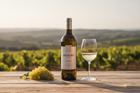 Bouteille de vin Quinta do Vale Meao Meandro blanc Douro sur une table en bois avec raisins blancs et vignoble en arrière-plan