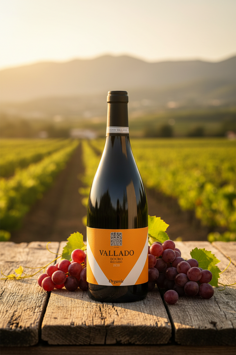 Bouteille de vin rouge Quinta do Vallado Douro Superior biologique 2020 sur une table en bois avec raisins rouges de chaque côté et vignoble ensoleillé en arrière-plan
