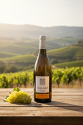 Bouteille de vin Quinta do Vallado Reserva blanc 2022 sur table en bois avec raisins à gauche et vignoble en arrière-plan