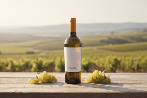 Bouteille de vin Quinta Nova Grainha Reserva 2022 sur table en bois avec raisins et vignoble en arrière-plan