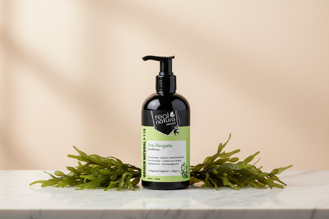 conditioner en flacon pompe sur fond beige clair sur une table en marbre blanc avec algues Chlorella à gauche et à droite du récipient