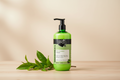 shampoing vert dans un flacon pompe sur une table en bois clair sur fond beige clair avec des feuilles de thé vert à gauche du récipient