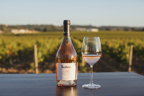 bouteille de vin rosé Soalheiro sur une table en bois foncé avec un verre de vin à droite et vignoble en arrière-plan