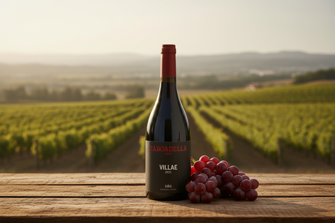 Bouteille de vin rouge Taboadella Villae 2021 avec raisins rouges à droite sur une table en bois avec vignoble ensoleillé en arrière-plan