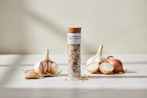 tube de sel aux poivrons ail oignons avec bouchon en liège sur table en marbre blanc entouré d'ail, d'oignons sur fond blanc texturé